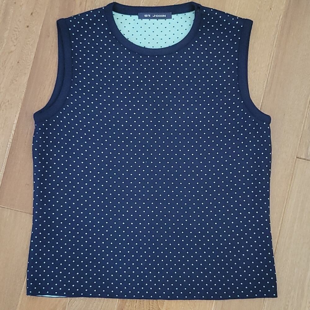 St. John Santana Knitwear Sweater Tank Vest Blue Green Polka Dot‎ Size 2